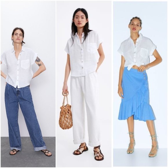 ZARA BUTTON FRONT 100% LINEN WHITE BUTTON DOWN SHIRT - Picture 1 of 8